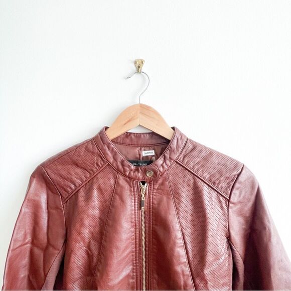 IVANKA TRUMP Faux-Leather Brown Moto Jacket Ribbed Side Panels Womens S Pleather - Picture 3 of 8